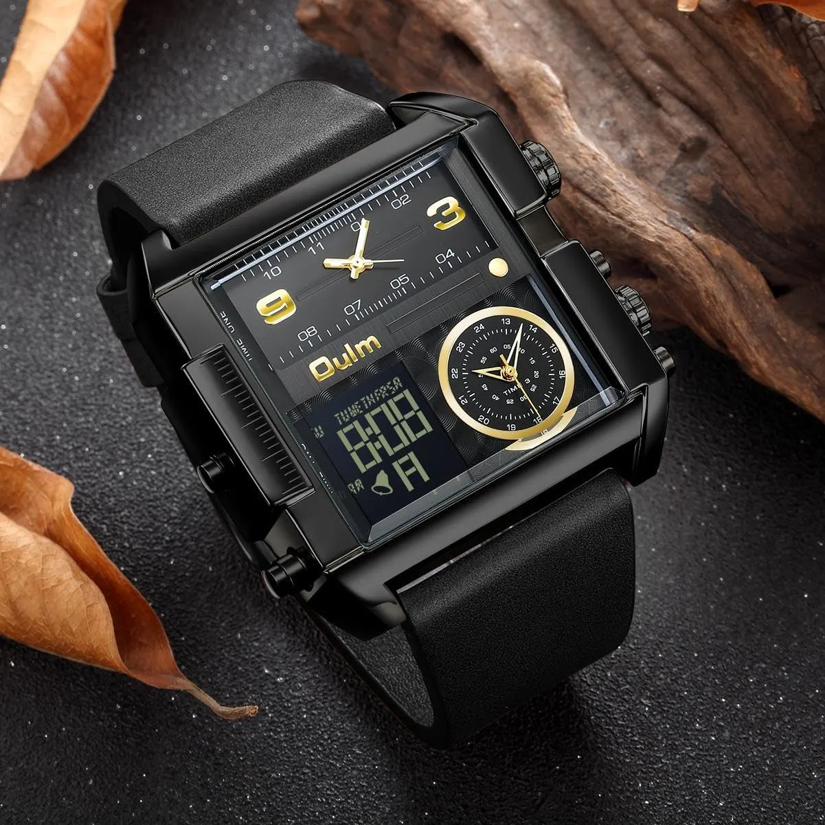 Digital Sports Watch CARLIEN Men's Square Large Face LED Backlight Multi-Time Zone Stopwatch Waterproof Watches Wrist golden heartbeat Watches Analog 