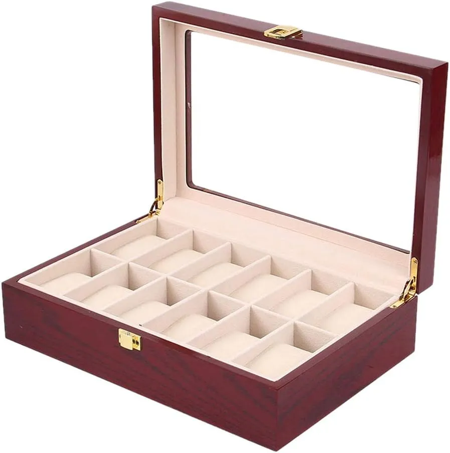 Display bedrock congenital stint infatuate ball damp Storage Box with Safety Buckle Lock Transparent Glass top Cover can accommodate 12 Watches Wooden Watch 