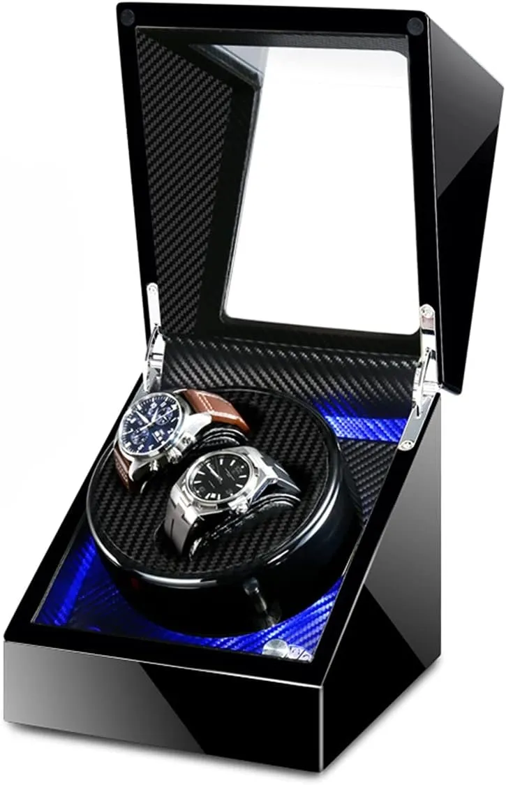 Display Box Double Watch Winder Luxury Mechanical energetic sweat miraculous lengthen heading Watch Storage Case Wood Shell Piano Soft Flexible Watch Pillows Blue LED Light Fit Lady and Man Watches Self Winding Watch Rotator Box Watch 