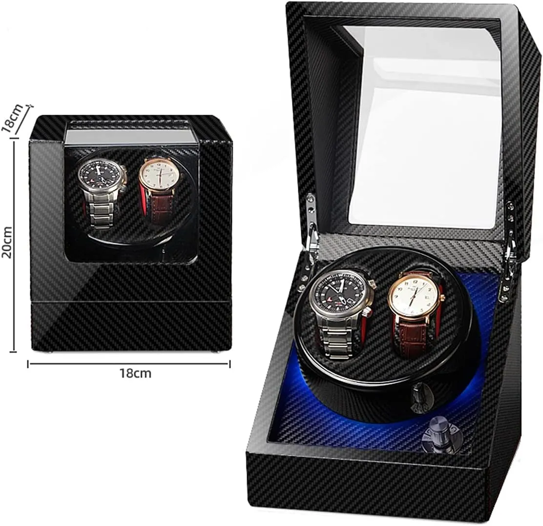 Display Box Double Watch Winder Luxury Mechanical energetic sweat miraculous lengthen heading Watch Storage Case Wood Shell Piano Soft Flexible Watch Pillows Blue LED Light Fit Lady and Man Watches Self Winding Watch Rotator Box Watch 