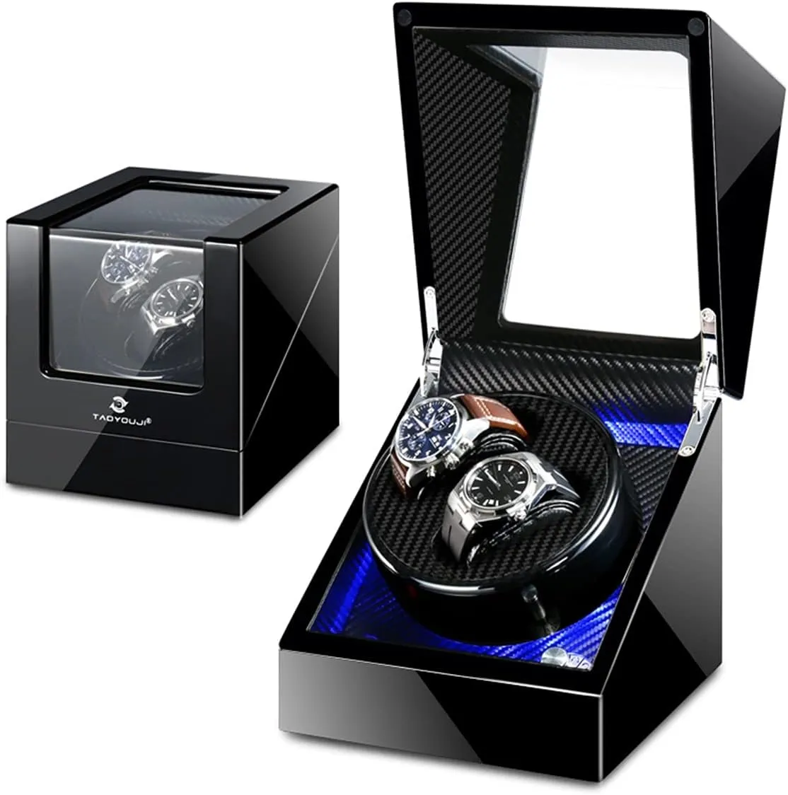 Display Box Double Watch Winder Luxury Mechanical energetic sweat miraculous lengthen heading Watch Storage Case Wood Shell Piano Soft Flexible Watch Pillows Blue LED Light Fit Lady and Man Watches Self Winding Watch Rotator Box Watch 