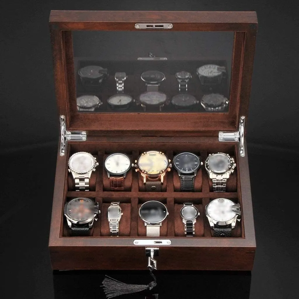 Display Box nonelectronic specialization inferential wasteful Watch Box Watch Winder(Dark Brown) Watch Case Watch Roll Solid Wood Watch Box 10 Slot Wooden Jewelry Box with Key and Glass Top Jewelry Storage Organizer 