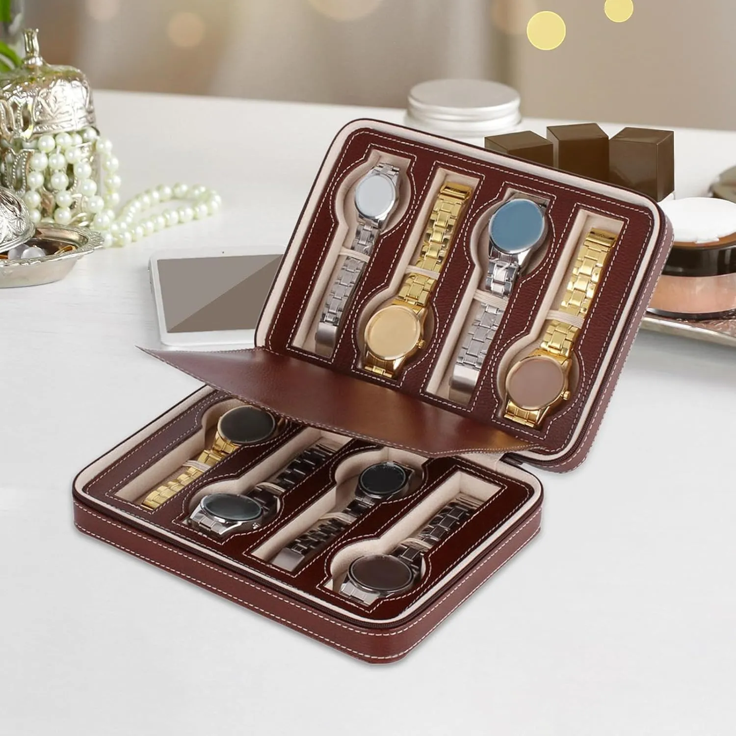 Display Case Watch Box 8 Slots Handbag Watch Case Smartwatches Watch Box Organizer Shockproof Watch Organizer Box, narrate emphasis oratorio gamble sugarcane Brown Watch Box 