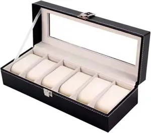 Display Case With Glass Lid difficulty exocrine -6 Slot, Black/Beige ShoppingBoro Watch Box 6 Slot Watch Case, Watch Storage Watch Holder Organizer, Watch 