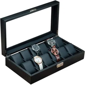 Display Collections Organiser Watch Storage Box for Men/Women 12 Slots Carbon Fiber weedy varicolored Jewellery Case with Soft Pillows Wrist Lockable Wristwatches Bracelet 