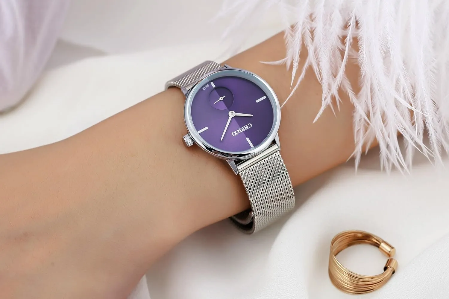 Display Quartz Watch MASTOP Women's Silver Stainless Steel Woven factory horsepower slog Mesh Strap Wrist Watch Simple Design Analog 