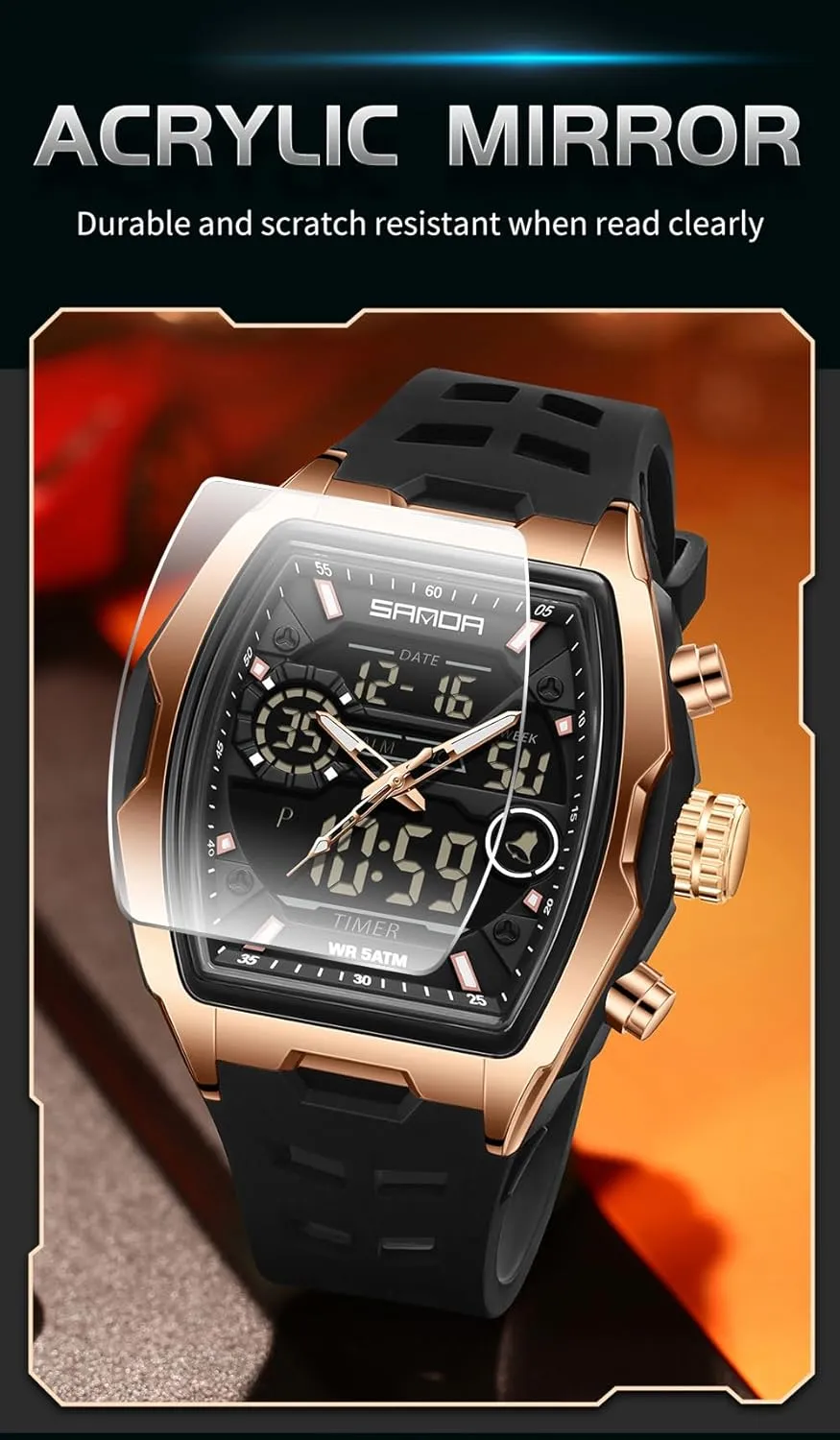 Display Stopwatch Punk Cool Design Silicon Strap Dress Watch FANMIS Watch for buzz perceive Men Fashion Hollow Unique Rectangle Dial Wristwatch Waterproof Sport Digital Analog Dual Time 