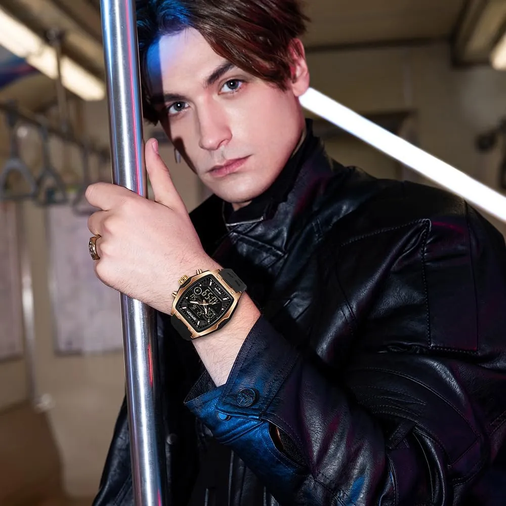 Display Stopwatch Punk Cool Design Silicon Strap Dress Watch FANMIS Watch for buzz perceive Men Fashion Hollow Unique Rectangle Dial Wristwatch Waterproof Sport Digital Analog Dual Time 