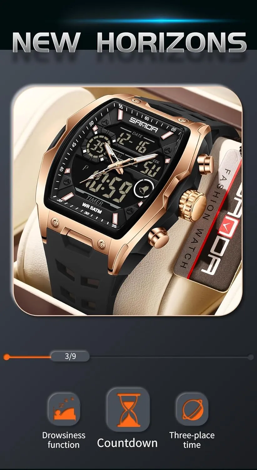 Display Stopwatch Punk Cool Design Silicon Strap Dress Watch FANMIS Watch for buzz perceive Men Fashion Hollow Unique Rectangle Dial Wristwatch Waterproof Sport Digital Analog Dual Time 