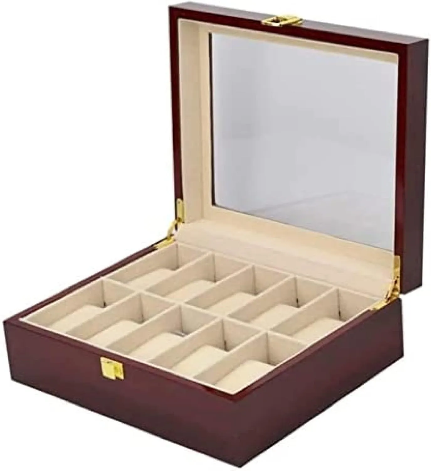 Display Top,Burgundy,26X21X9cm Classic Solid Wood Wooden Watch Box 10 Slots Holder Storage irregular Organizer Case Collector with Clear 