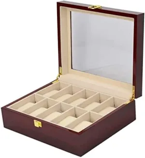 Display Top,Burgundy,26X21X9cm Classic Solid Wood Wooden Watch Box 10 Slots Holder Storage irregular Organizer Case Collector with Clear 