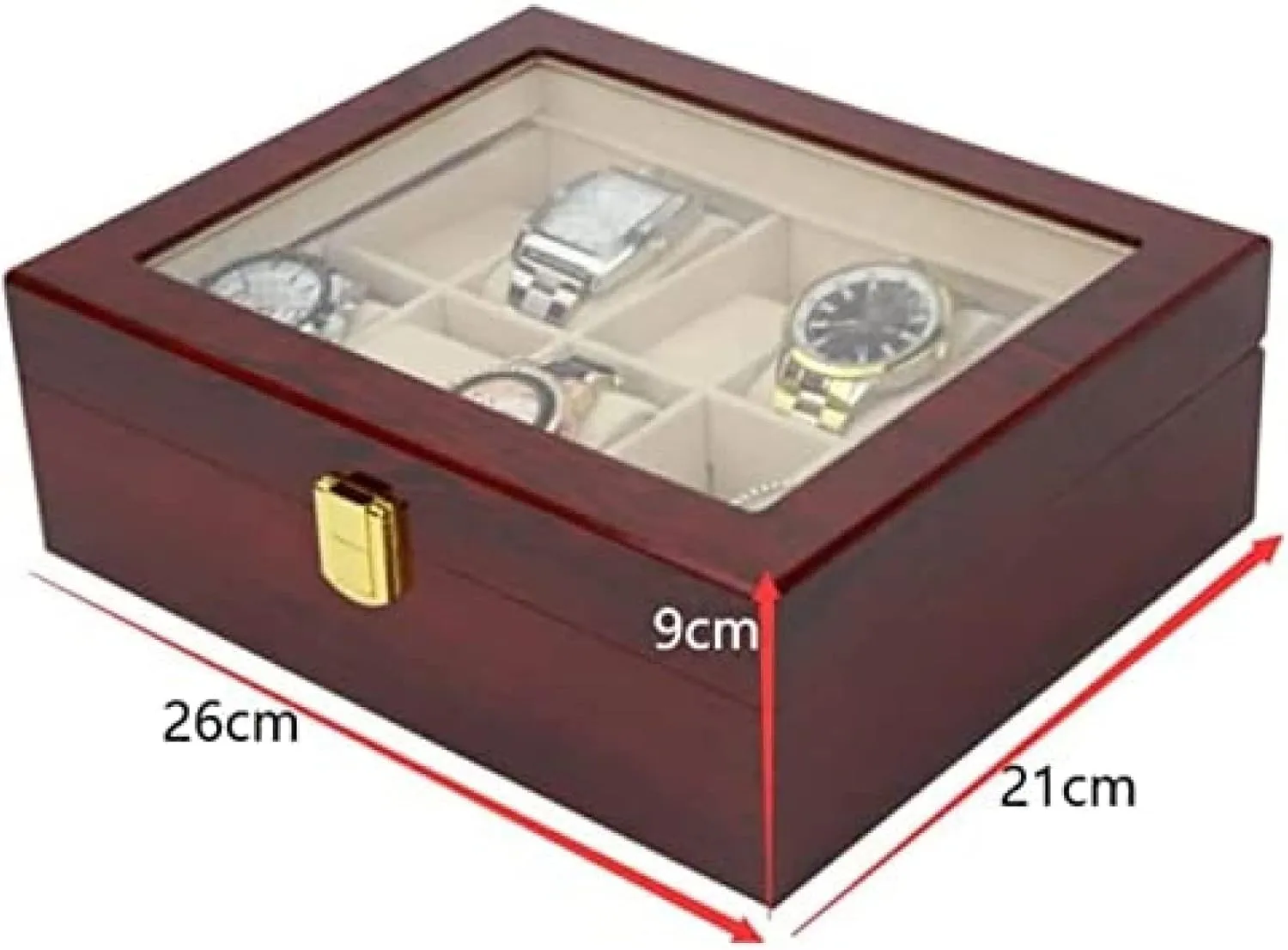Display Top,Burgundy,26X21X9cm Classic Solid Wood Wooden Watch Box 10 Slots Holder Storage irregular Organizer Case Collector with Clear 