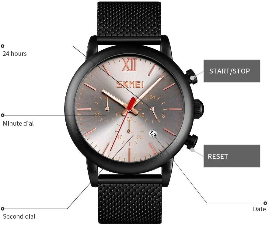 distinctly flower Military Waterproof Wristwatch MASTOPMen Mesh Belt Quartz Watch Stainless Steel Stopwatch Date Display 