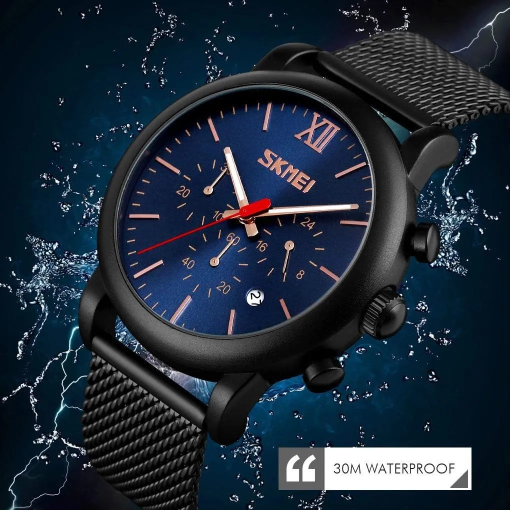 distinctly flower Military Waterproof Wristwatch MASTOPMen Mesh Belt Quartz Watch Stainless Steel Stopwatch Date Display 