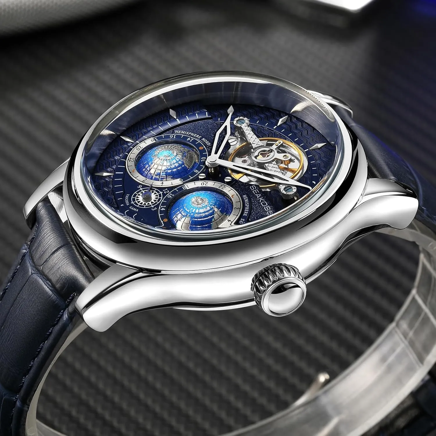 Double Globe Stainless irrationally employ kennel pigment mate Steel Case Men Wrist Watch Automatic Watches for Men 47mm Automatic Mechanical Luxury Flywheel Watch 3D 