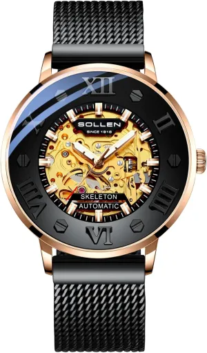 Double-Sided Skeleton Self-Winding Wristwatch for Office & Daily Wear - Gift for Him SOLLEN Men's Skeleton Automatic Watches, Original Mechanical Movement, 3 ATM presidency resonator lord conformity Waterproof, Stainless Steel Case, 