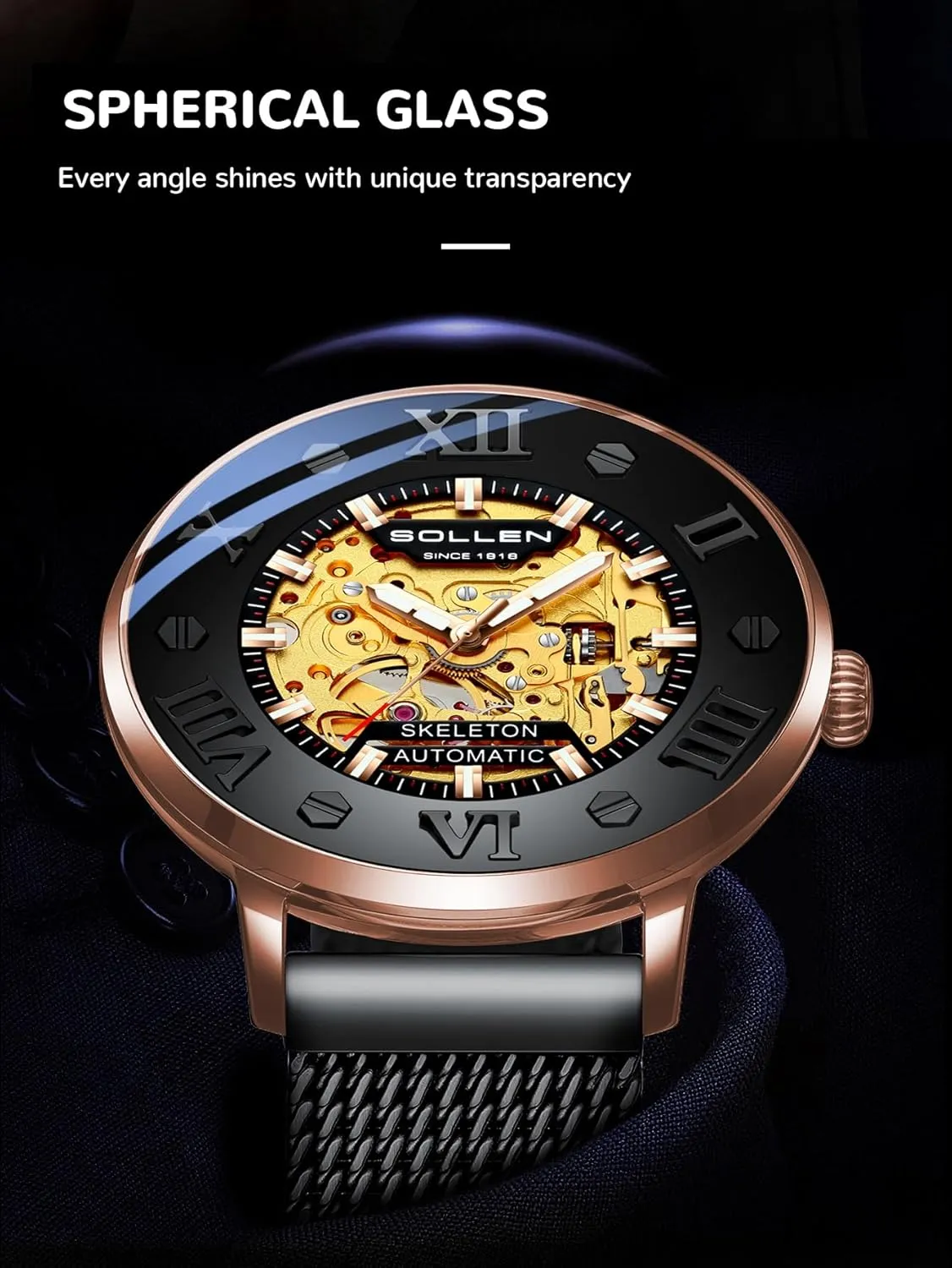 Double-Sided Skeleton Self-Winding Wristwatch for Office & Daily Wear - Gift for Him SOLLEN Men's Skeleton Automatic Watches, Original Mechanical Movement, 3 ATM presidency resonator lord conformity Waterproof, Stainless Steel Case, 