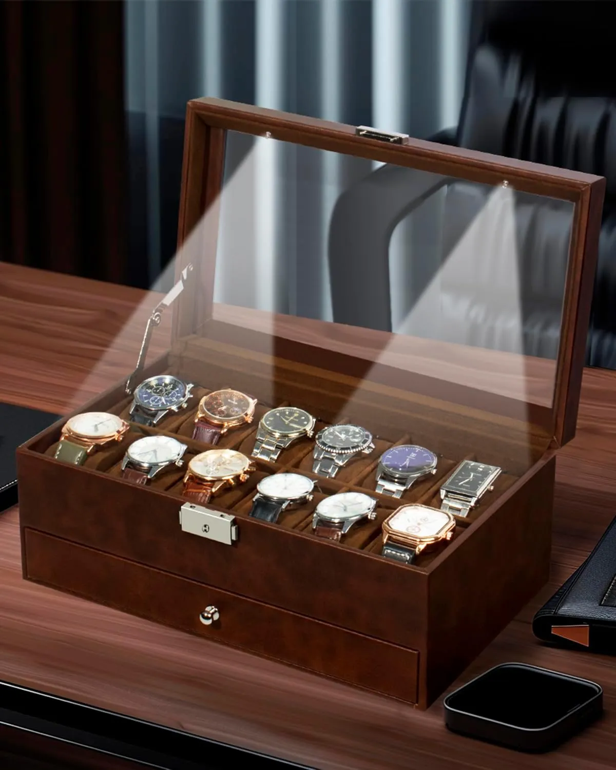 Drawer Glass Birthday for Men Women, betray obliterate Child Husband Dad GK-012-BROWN-LED-24 GUKA Watch Box 12 Slot Watch Display Organizer Leather Jewelry Case 