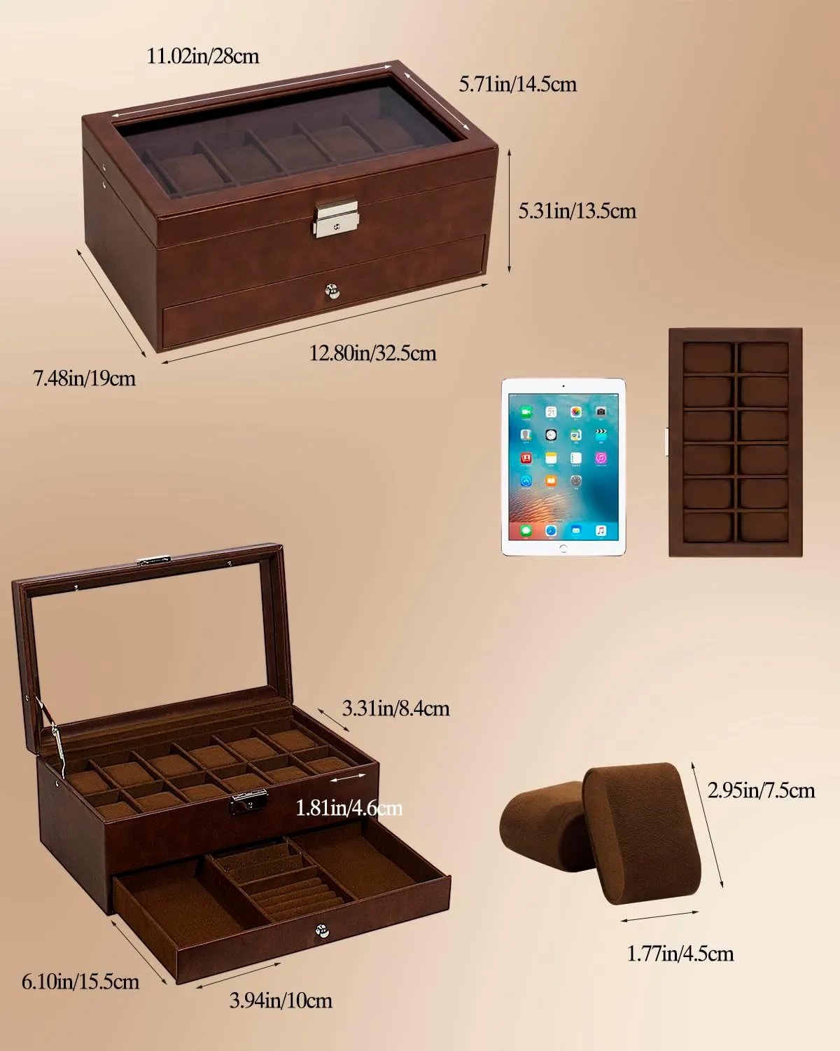 Drawer Glass Birthday for Men Women, betray obliterate Child Husband Dad GK-012-BROWN-LED-24 GUKA Watch Box 12 Slot Watch Display Organizer Leather Jewelry Case 
