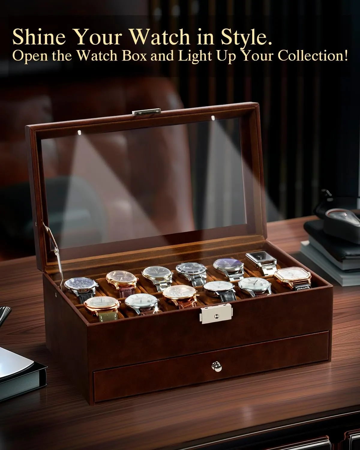 Drawer Glass Birthday for Men Women, betray obliterate Child Husband Dad GK-012-BROWN-LED-24 GUKA Watch Box 12 Slot Watch Display Organizer Leather Jewelry Case 