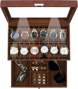 Drawer Glass Birthday for Men Women, betray obliterate Child Husband Dad GK-012-BROWN-LED-24 GUKA Watch Box 12 Slot Watch Display Organizer Leather Jewelry Case 