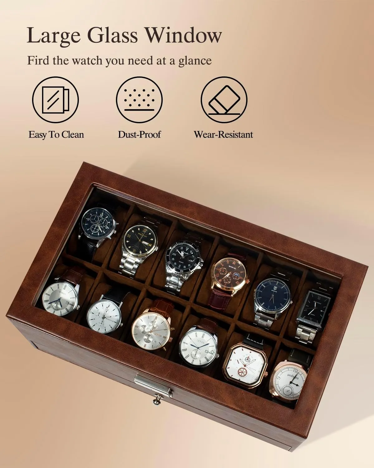 Drawer Glass Birthday for Men Women, betray obliterate Child Husband Dad GK-012-BROWN-LED-24 GUKA Watch Box 12 Slot Watch Display Organizer Leather Jewelry Case 