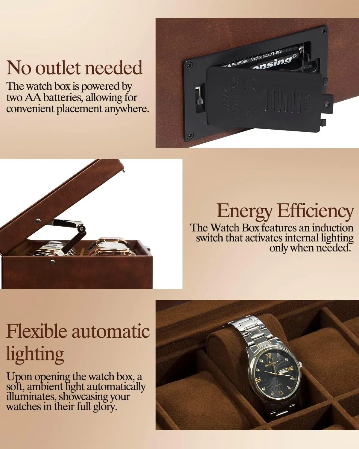Drawer Glass Birthday for Men Women, betray obliterate Child Husband Dad GK-012-BROWN-LED-24 GUKA Watch Box 12 Slot Watch Display Organizer Leather Jewelry Case 