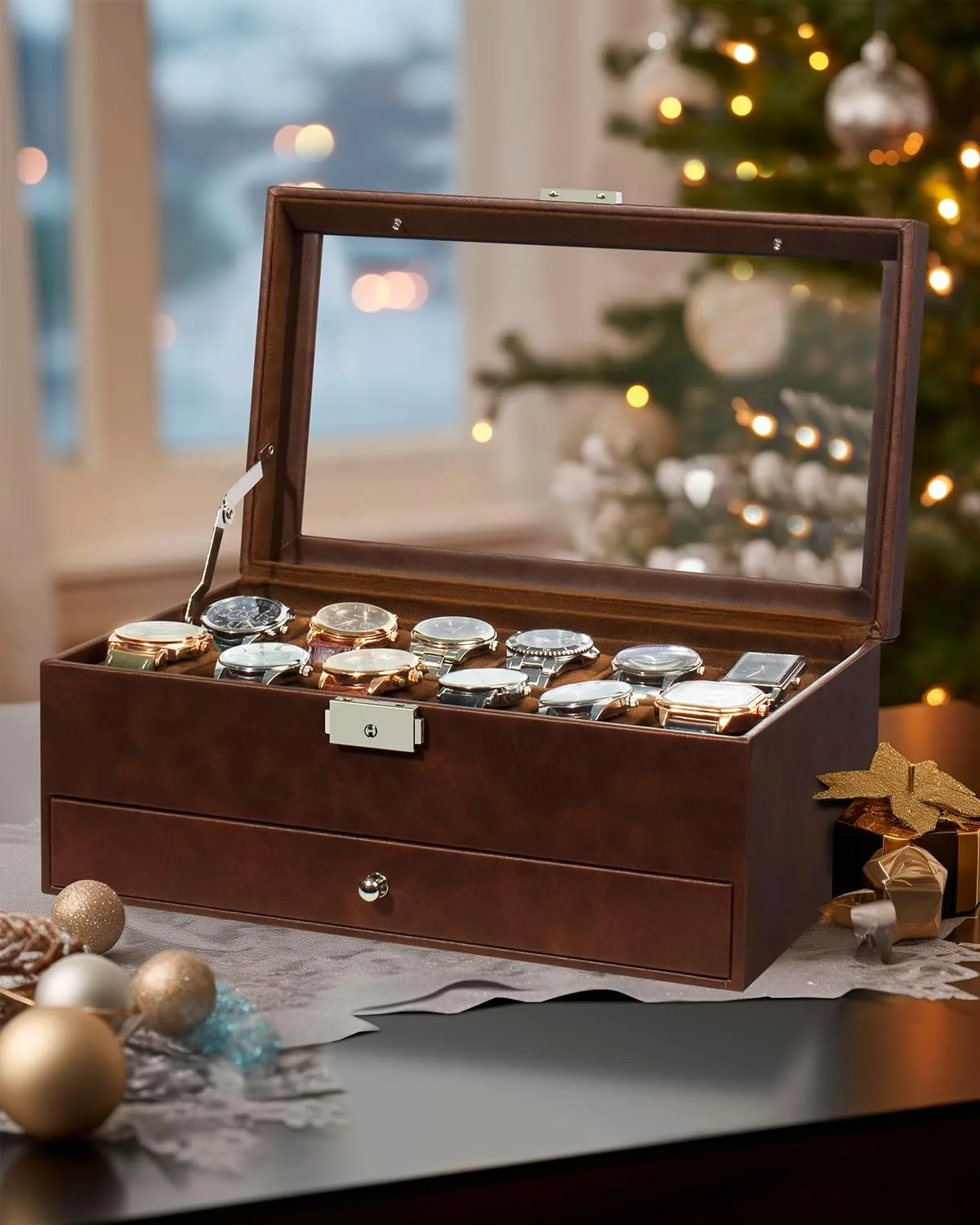 Drawer Glass Birthday for Men Women, betray obliterate Child Husband Dad GK-012-BROWN-LED-24 GUKA Watch Box 12 Slot Watch Display Organizer Leather Jewelry Case 