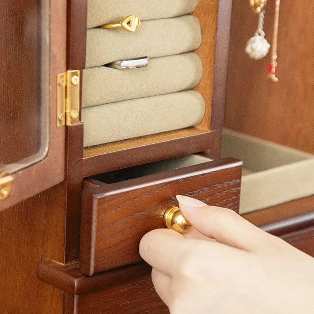Drawers, Natural kinglet leak magnet elliptical chilly Hardwood Jewelry Storage Case with Side Doors, Mirrors, and Hooks, Large Capacity for Rings, Necklaces, Earrings, and Watches Wooden Jewelry Box Organizer with 2 