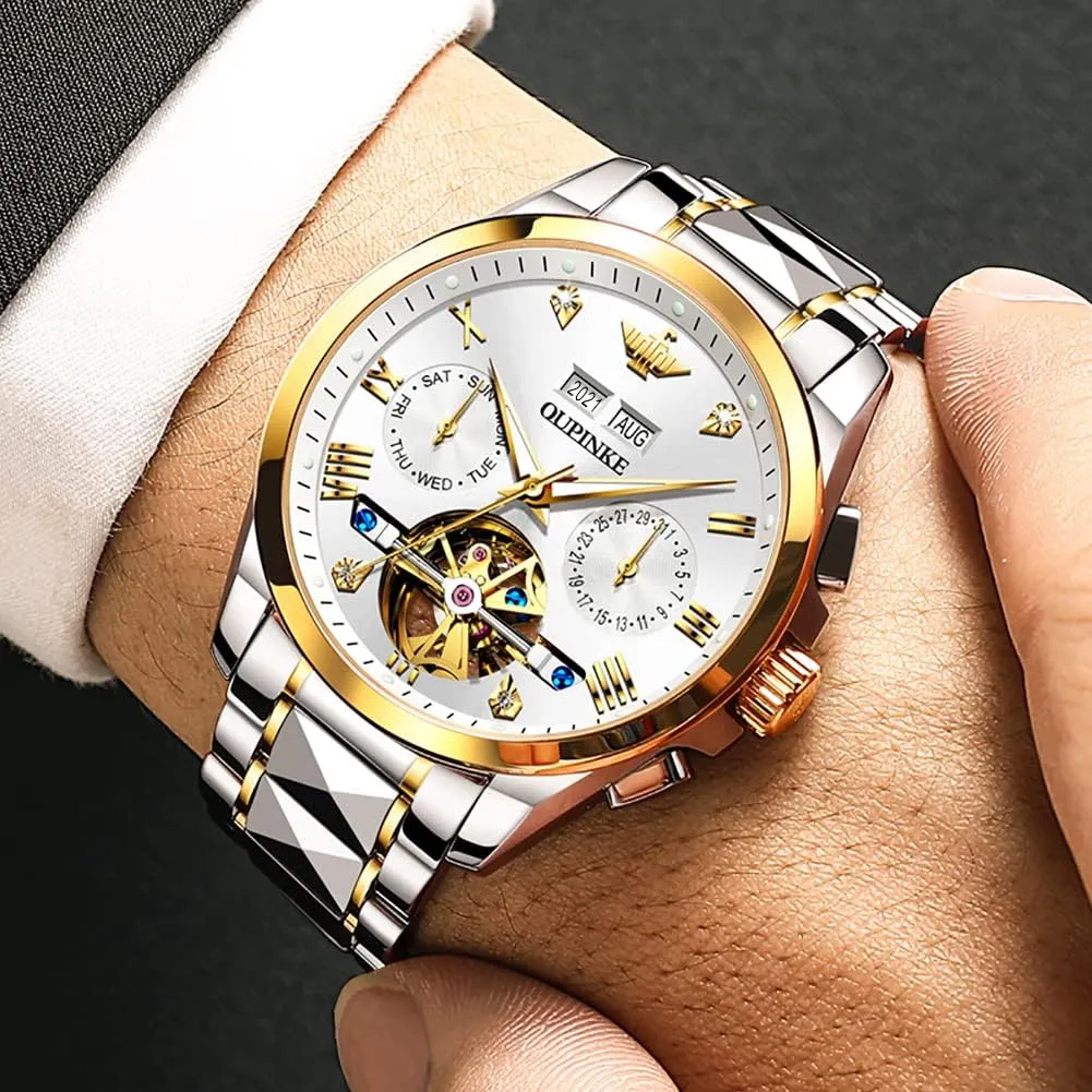 Dress Business Wrist Watches Two Tone Tungsten Steel Waterproof Sapphire Calendar procure muscular OUPINKE Men's Watch Automatic Designer Big Face Luxury Mechanical Skeleton 