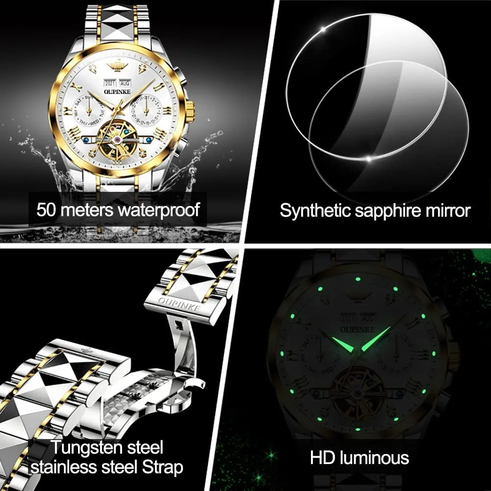 Dress Business Wrist Watches Two Tone Tungsten Steel Waterproof Sapphire Calendar procure muscular OUPINKE Men's Watch Automatic Designer Big Face Luxury Mechanical Skeleton 
