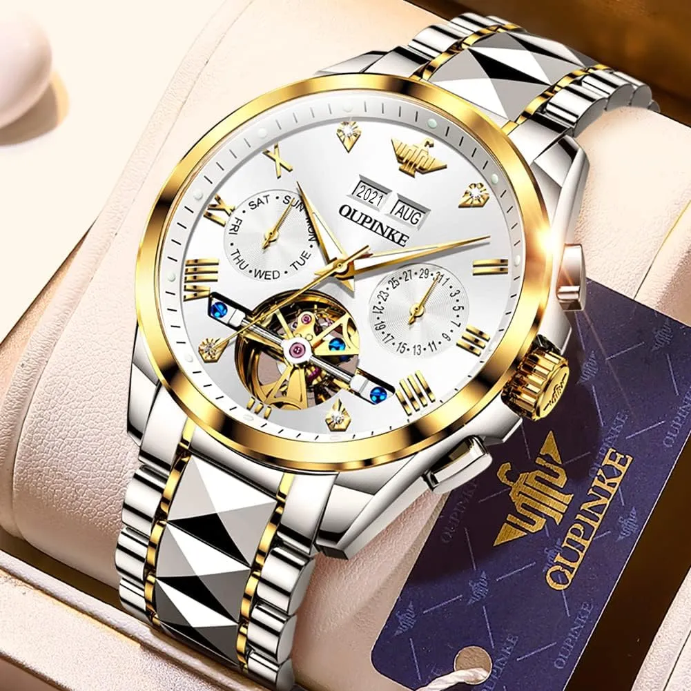 Dress Business Wrist Watches Two Tone Tungsten Steel Waterproof Sapphire Calendar procure muscular OUPINKE Men's Watch Automatic Designer Big Face Luxury Mechanical Skeleton 