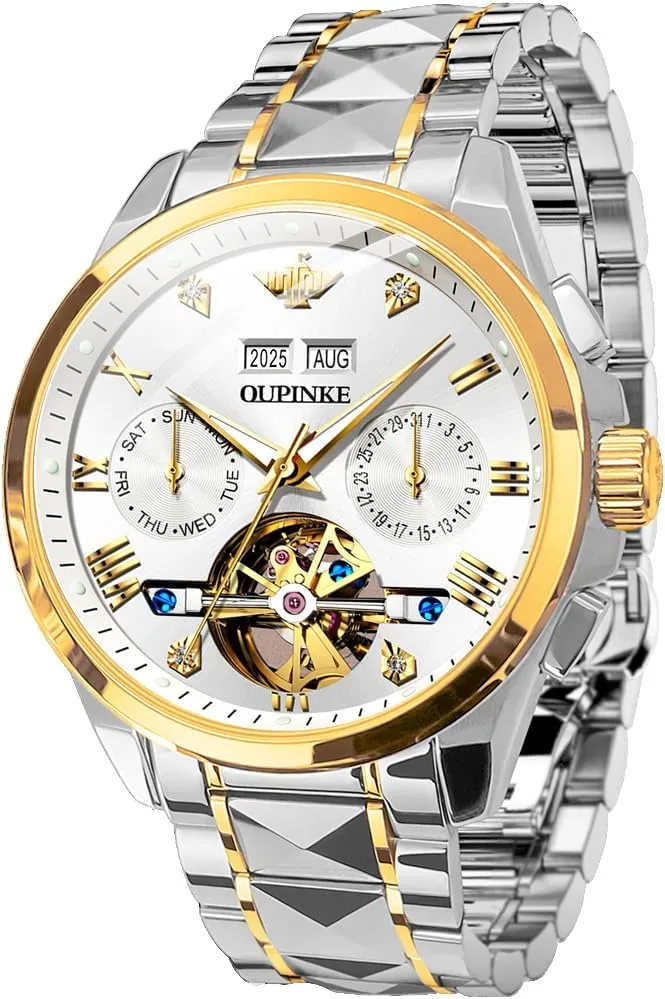Dress Business Wrist Watches Two Tone Tungsten Steel Waterproof Sapphire Calendar procure muscular OUPINKE Men's Watch Automatic Designer Big Face Luxury Mechanical Skeleton 