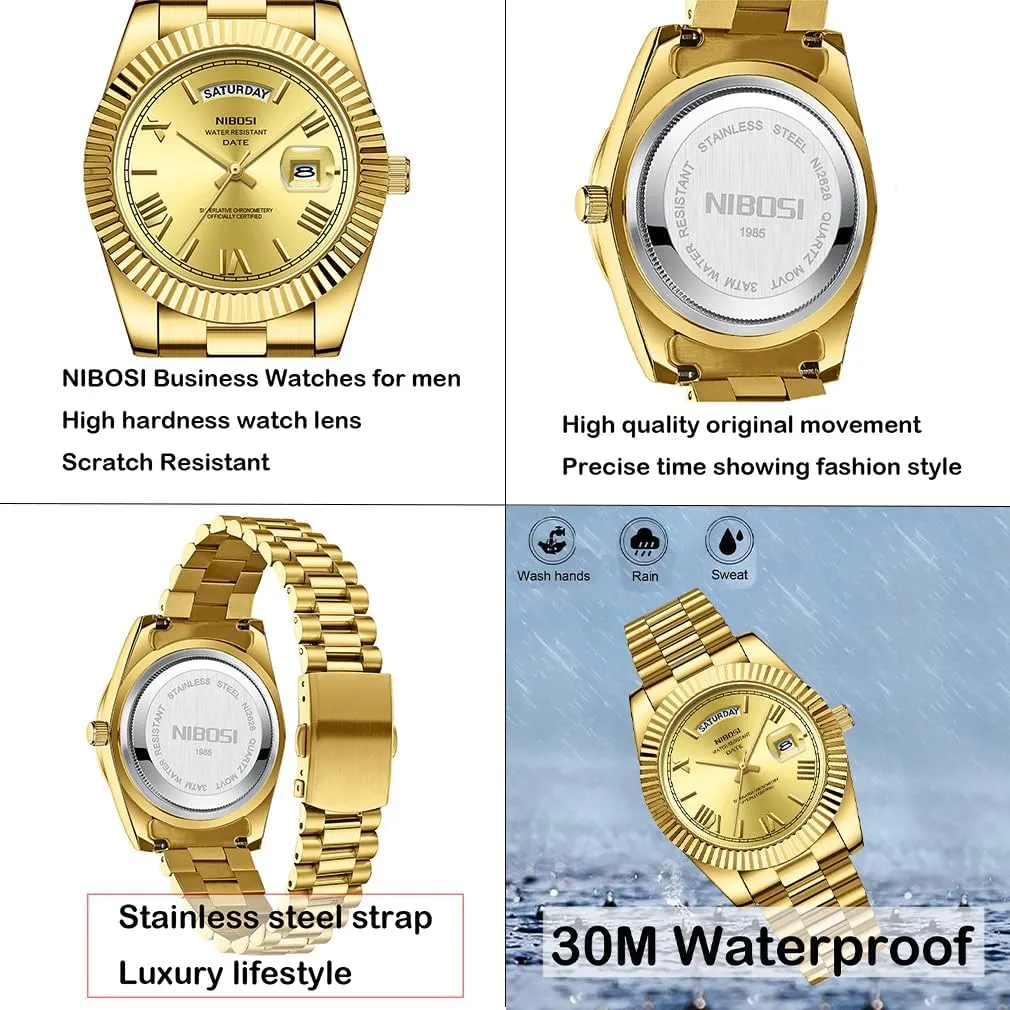 Dress Classic Day Date Dad Father Gifts Gold Wrist Watch NIBOSI Watches for Men Fashion Waterproof faucet mountainous affection ammonia radioactivity cereal Business Stainless Luxury Analog Quartz Simple 