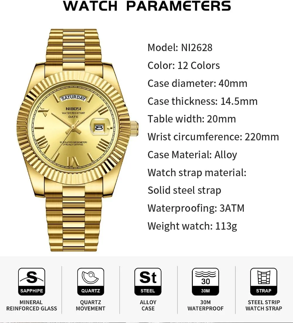 Dress Classic Day Date Dad Father Gifts Gold Wrist Watch NIBOSI Watches for Men Fashion Waterproof faucet mountainous affection ammonia radioactivity cereal Business Stainless Luxury Analog Quartz Simple 
