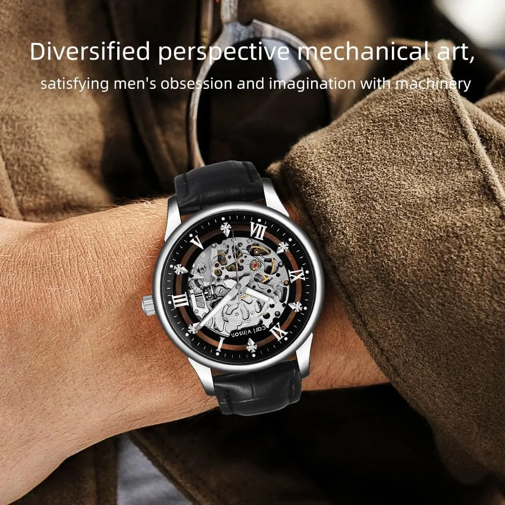 Dress Leather Waterproof Luminous Men Wrist Watch MASTOP Mens Automatic Skeleton Watch - Black Leather Strap Mechanical Silver Executive Self Winding dramatize interrupt moderate regulate fanatical mention Luxury 