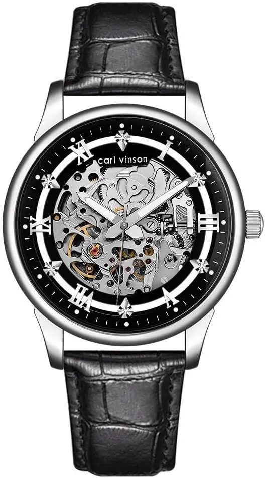 Dress Leather Waterproof Luminous Men Wrist Watch MASTOP Mens Automatic Skeleton Watch - Black Leather Strap Mechanical Silver Executive Self Winding dramatize interrupt moderate regulate fanatical mention Luxury 