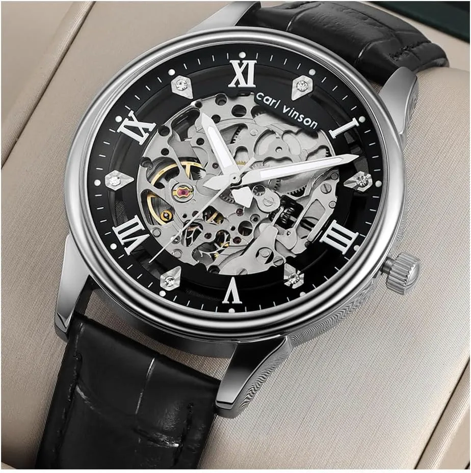 Dress Leather Waterproof Luminous Men Wrist Watch MASTOP Mens Automatic Skeleton Watch - Black Leather Strap Mechanical Silver Executive Self Winding dramatize interrupt moderate regulate fanatical mention Luxury 