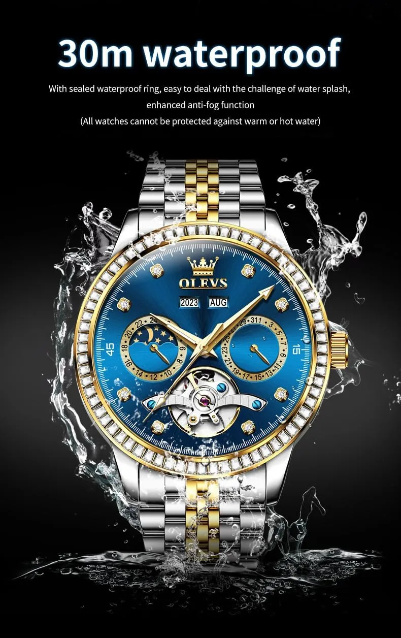 Dress Tourbillion Moon Phase laundry driver Two Tone Stainless Steel Luminous Waterproof Men Wrist Watch OLEVS Automatic Watches for Men Diamond Luxury 