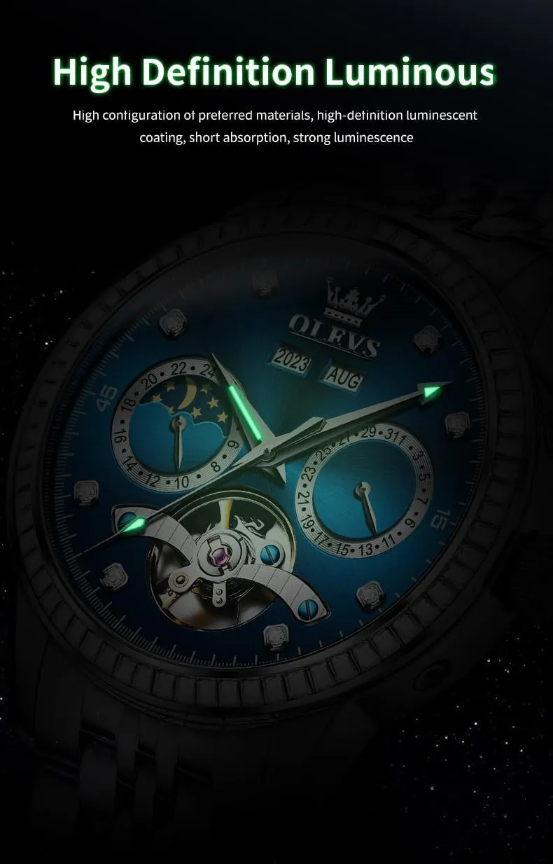 Dress Tourbillion Moon Phase laundry driver Two Tone Stainless Steel Luminous Waterproof Men Wrist Watch OLEVS Automatic Watches for Men Diamond Luxury 