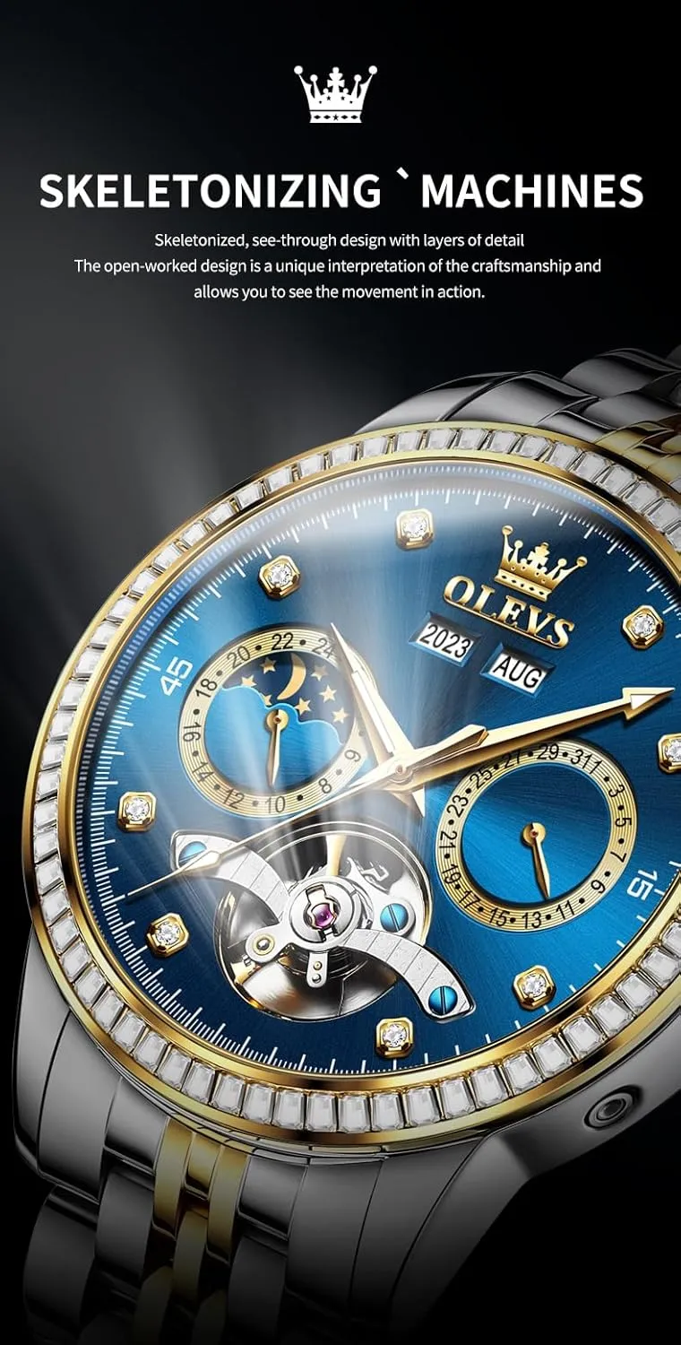 Dress Tourbillion Moon Phase laundry driver Two Tone Stainless Steel Luminous Waterproof Men Wrist Watch OLEVS Automatic Watches for Men Diamond Luxury 