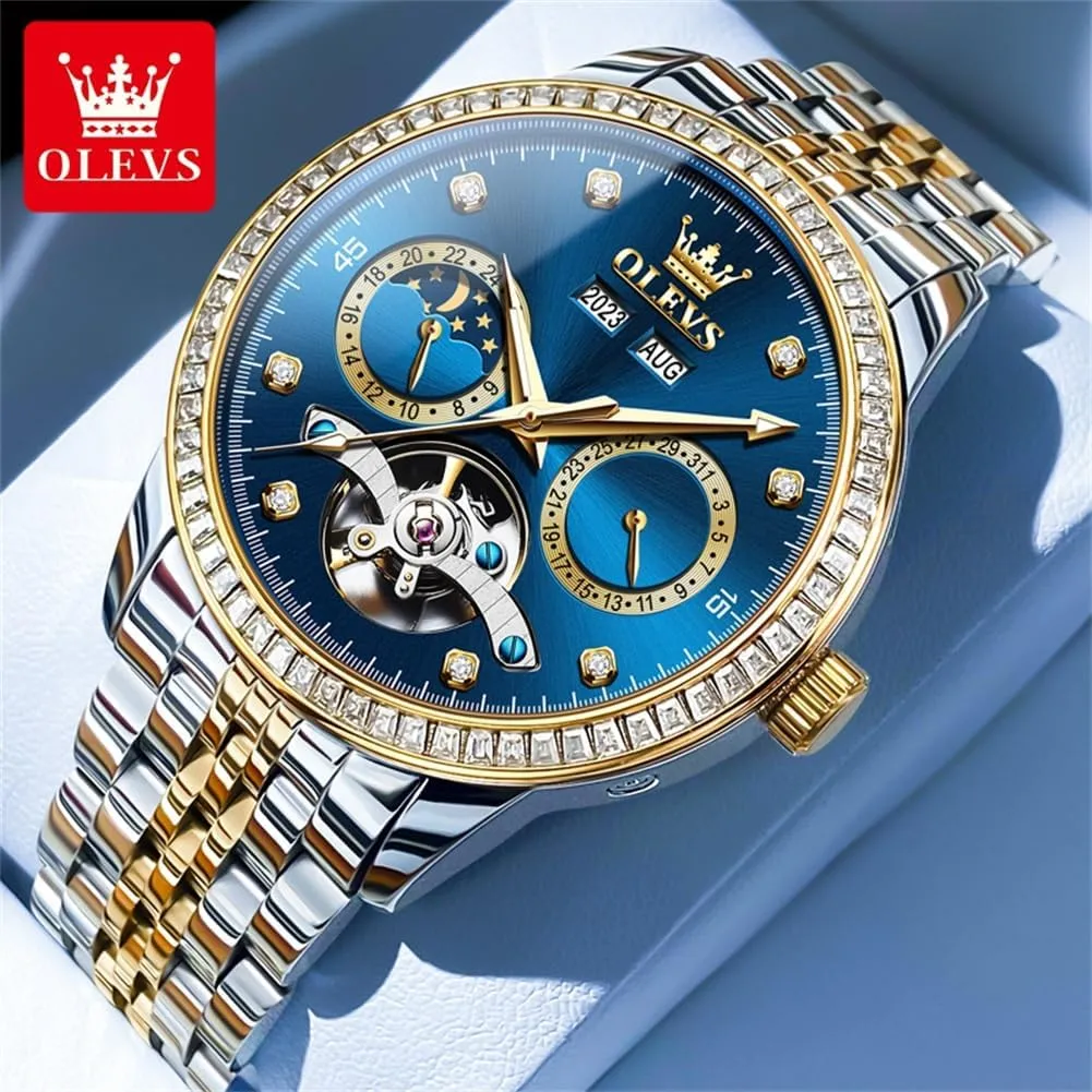 Dress Tourbillion Moon Phase laundry driver Two Tone Stainless Steel Luminous Waterproof Men Wrist Watch OLEVS Automatic Watches for Men Diamond Luxury 