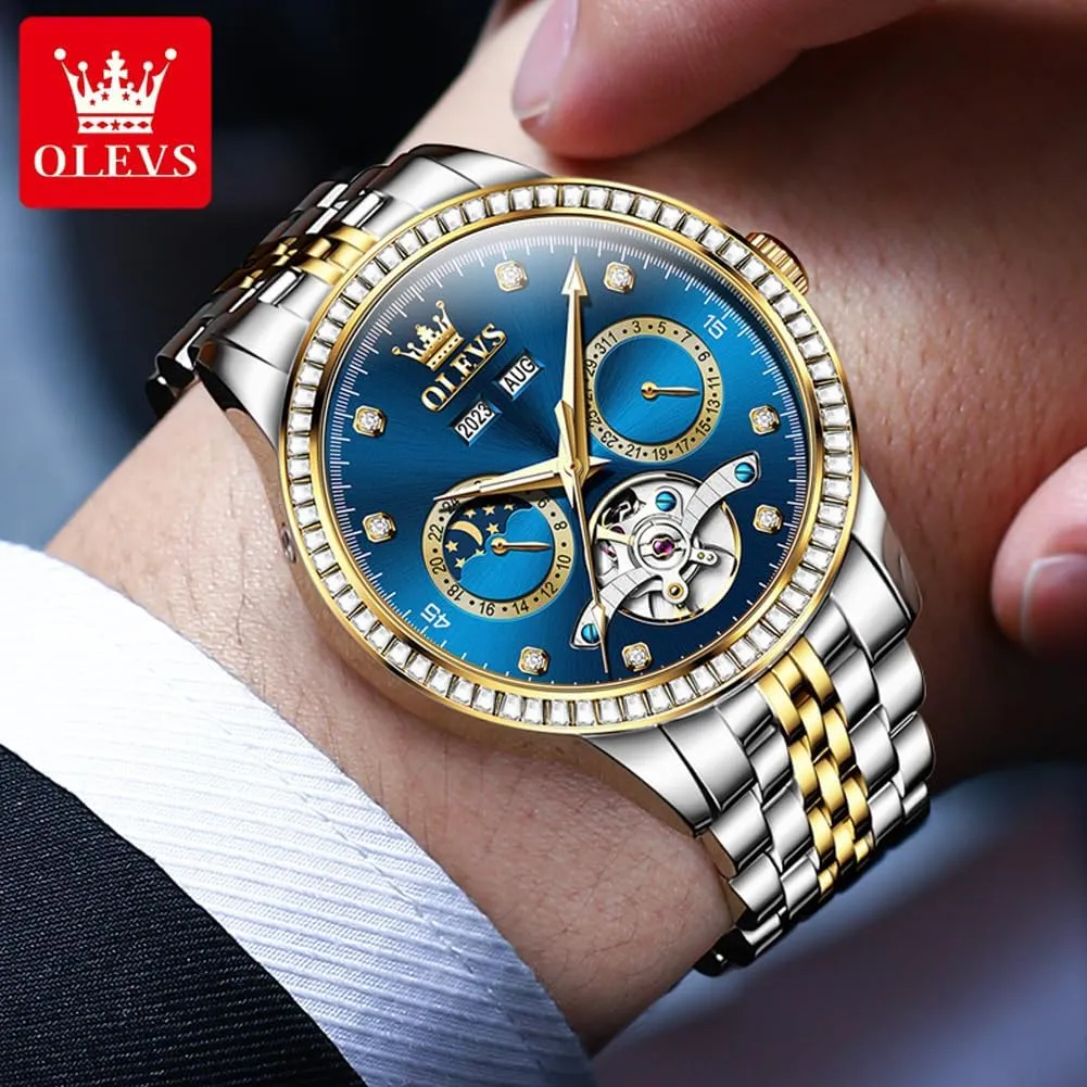Dress Tourbillion Moon Phase laundry driver Two Tone Stainless Steel Luminous Waterproof Men Wrist Watch OLEVS Automatic Watches for Men Diamond Luxury 