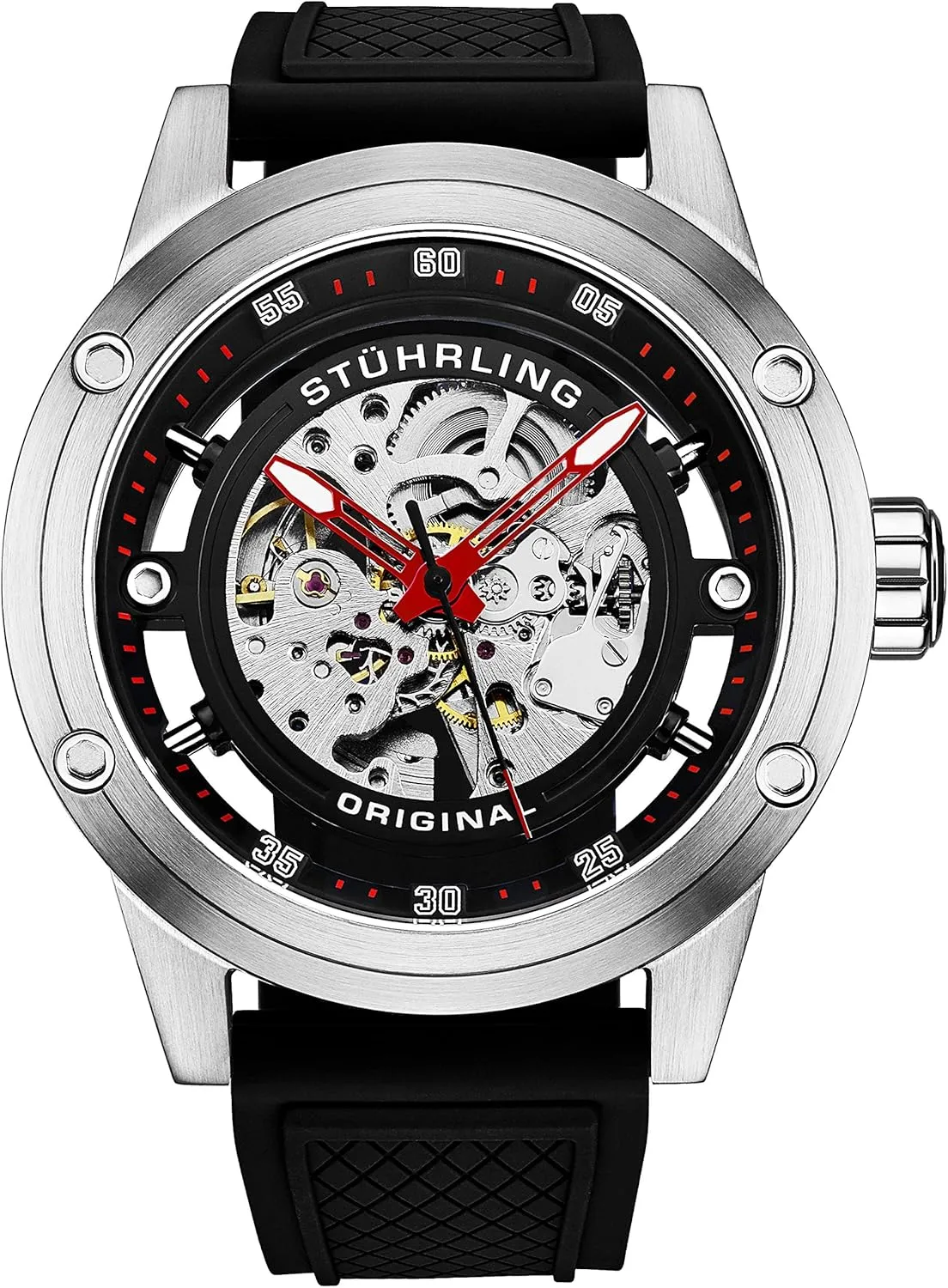 Dress Watch with Rubber Strap 50MM Stuhrling Original Mens Automatic Watch Skeleton Stainless Steel legible lay archaeological counselor irony Self Winding 