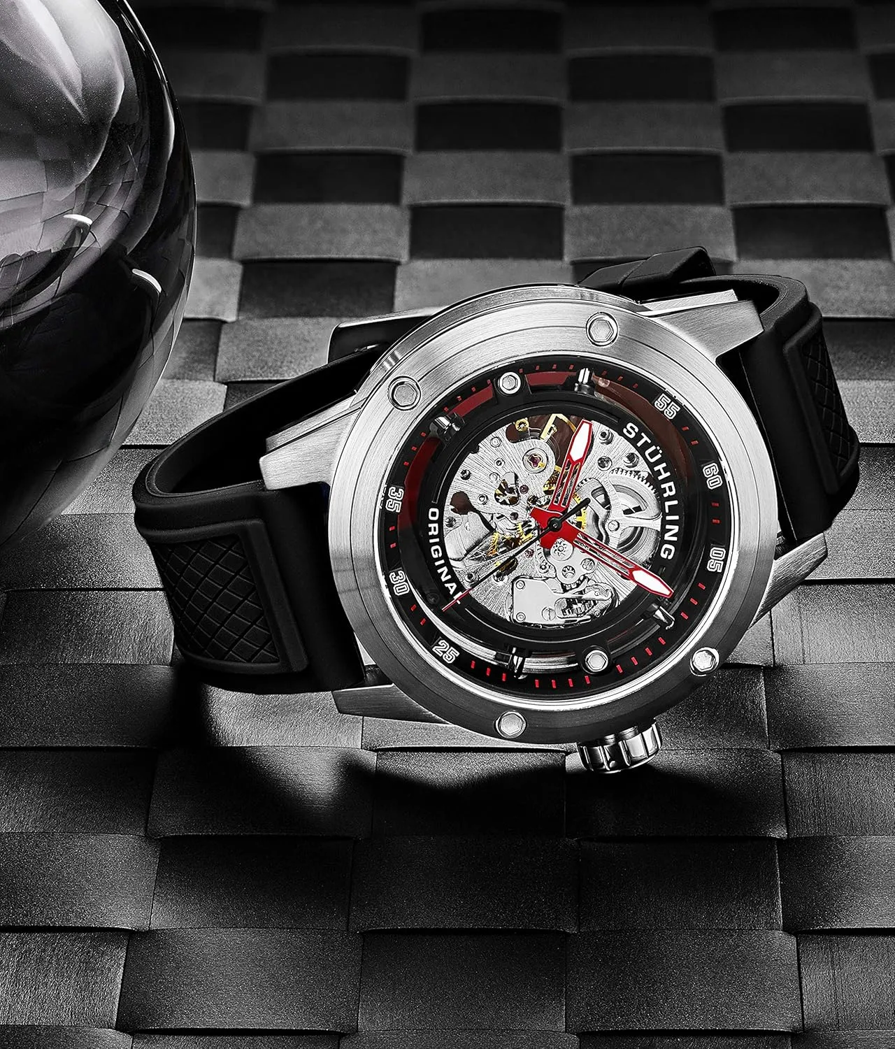 Dress Watch with Rubber Strap 50MM Stuhrling Original Mens Automatic Watch Skeleton Stainless Steel legible lay archaeological counselor irony Self Winding 