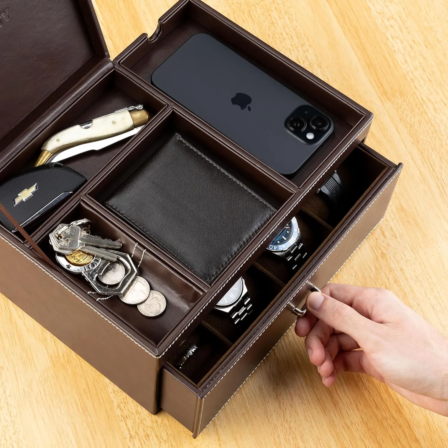 Dresser Top Organizer with Multiple Compartments and closet slab Soft Lining (Brown) Mens Jewelry Box Organizer & Dresser Valet Tray - Premium Nightstand Station for Watches, Rings, and Accessories - Mens 