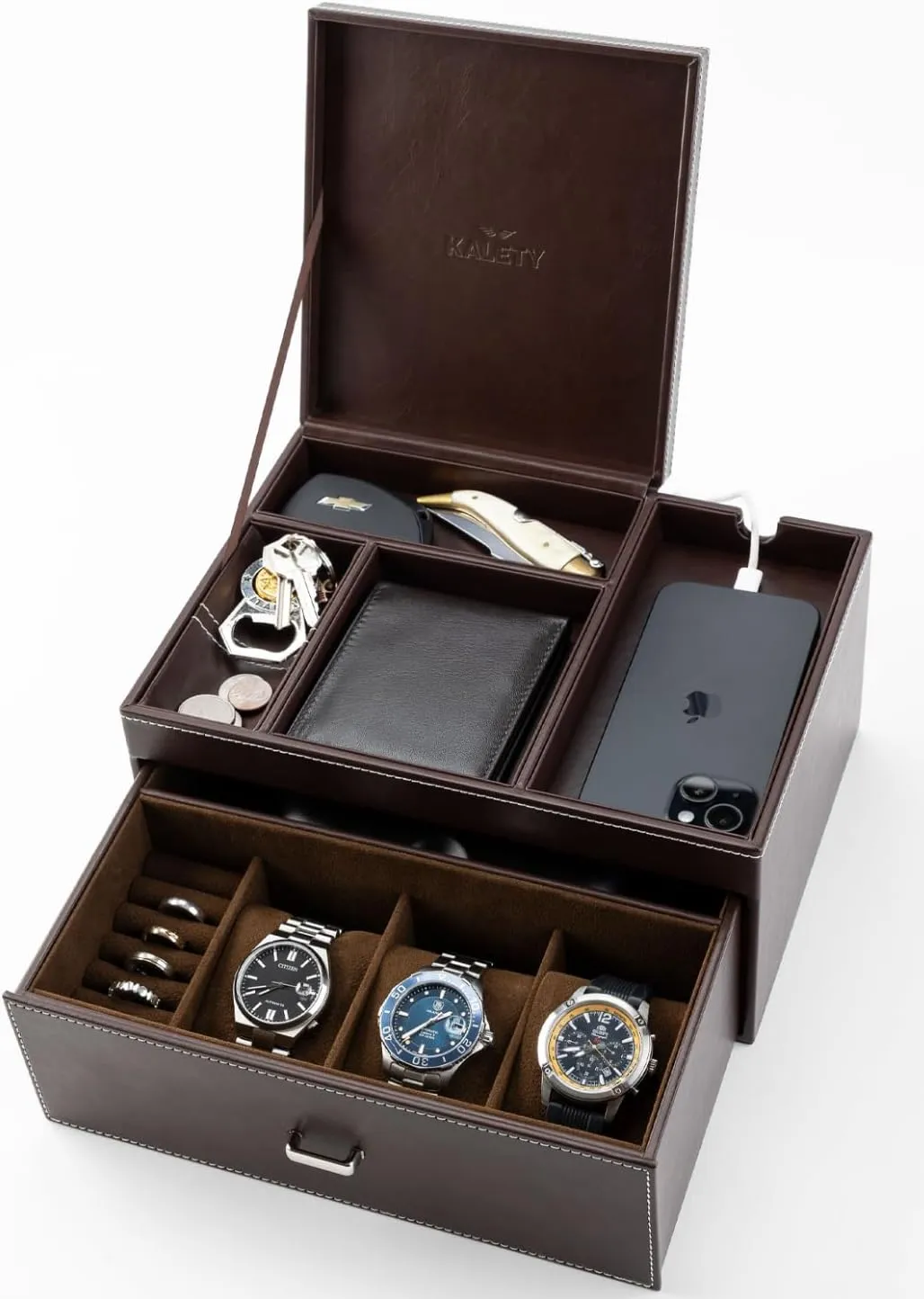 Dresser Top Organizer with Multiple Compartments and closet slab Soft Lining (Brown) Mens Jewelry Box Organizer & Dresser Valet Tray - Premium Nightstand Station for Watches, Rings, and Accessories - Mens 