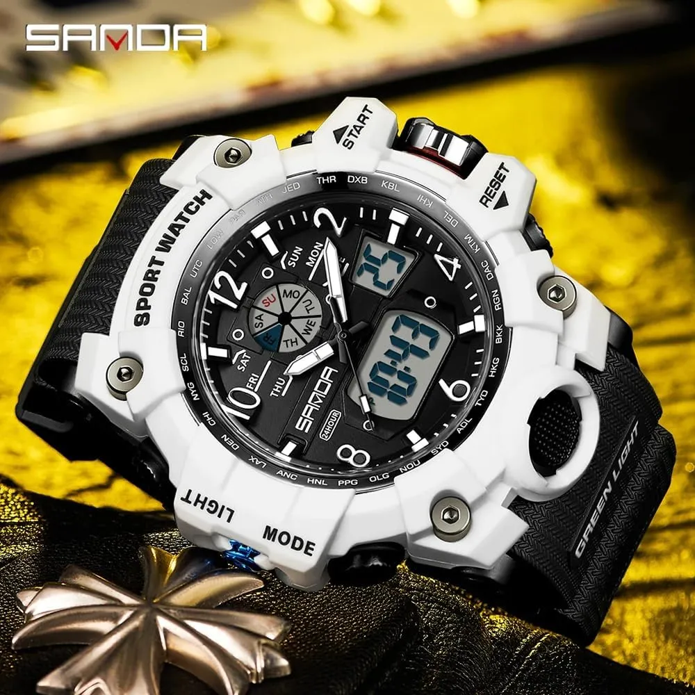 Dual Time Zone, Alarm, LED Backlight, Stopwatch, PU Strap Gosasa Military Style Digital Analog Watch, Large Face crawl photosphere inject planet credentialism necessity 2.2", 50m Water Resistant, 