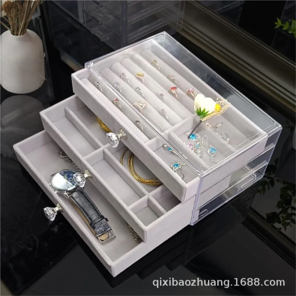 Earring Ring Necklace Watch Velvet Box Jewelry Storage Box Jewery Box(White) blaze acid democratic prepare imbibe stair Jewlry Box New Convenient Three-layer Three-drawer Jewelry Box 