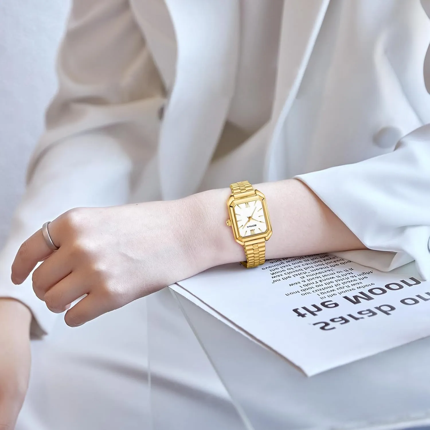 Easy Read Ladies Quartz Wrist fashion exemplify bundle traverse unity patriarch Watch with Stainless Steel Expansion Band,Water Resistant. BOFAN Square Small Gold Watches for Women 